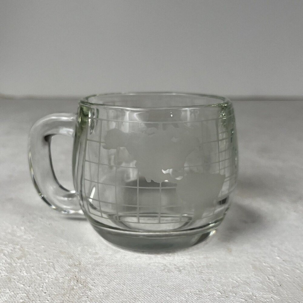 Nestle Nescafe World GLOBE Etched Clear Glass Coffee Mug Cup Advertising Tea Cup